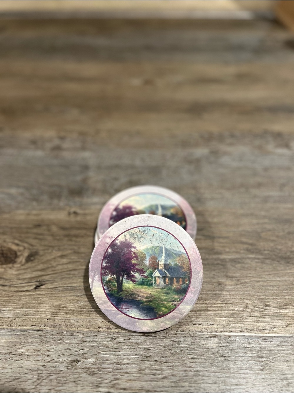 Scenic Pink Church Coaster Set Thomas Kinkade - Streams of living water